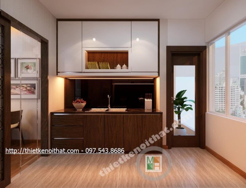 Hệ thống tủ bếp chữ i được thiết kế đơn giản, kết hợp 2 tone màu nâu trầm và trắng tạo hiệu ứng màu sắc mang đến cảm giác thư giãn và thanh thoát nhẹ nhàng. Tủ bếp đẹp, sang trọng và đẳng cấp