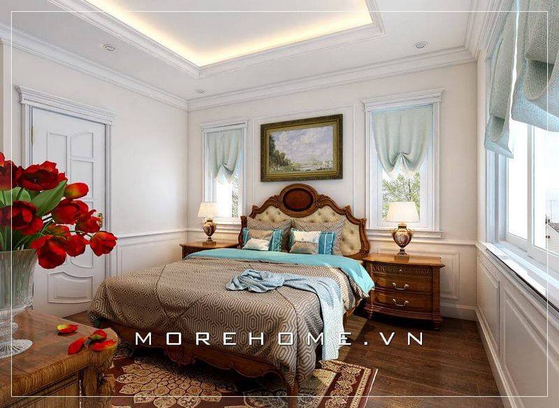 Thiết kế nội thất phòng ngủ biệt thự phong cách tân cổ điển sang trọng và tiện nghi. Chiếc giường ngủ gỗ tự nhiên cao cấp chính là điểm nhấn ấn tượng nổi bật cho cả không gian này